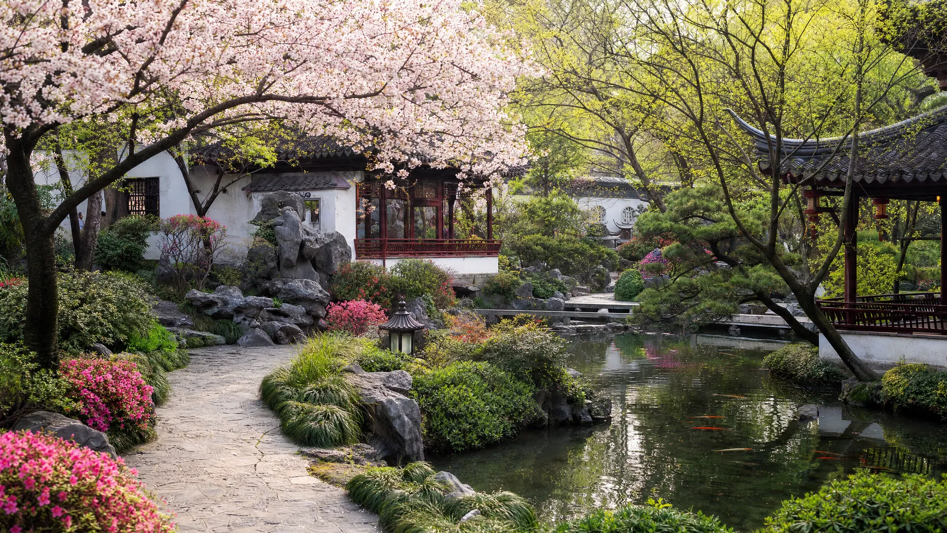 庭院景观春景：樱花盛放、新绿初萌的中式庭院